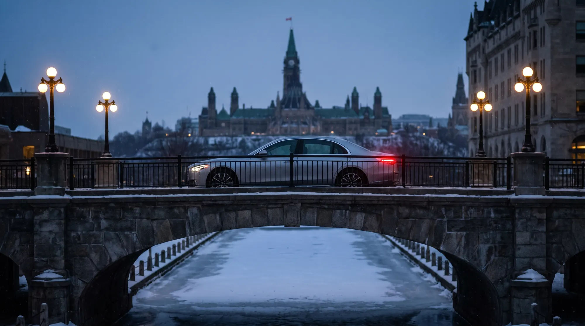 Silver sedan on a stone bridge in winter