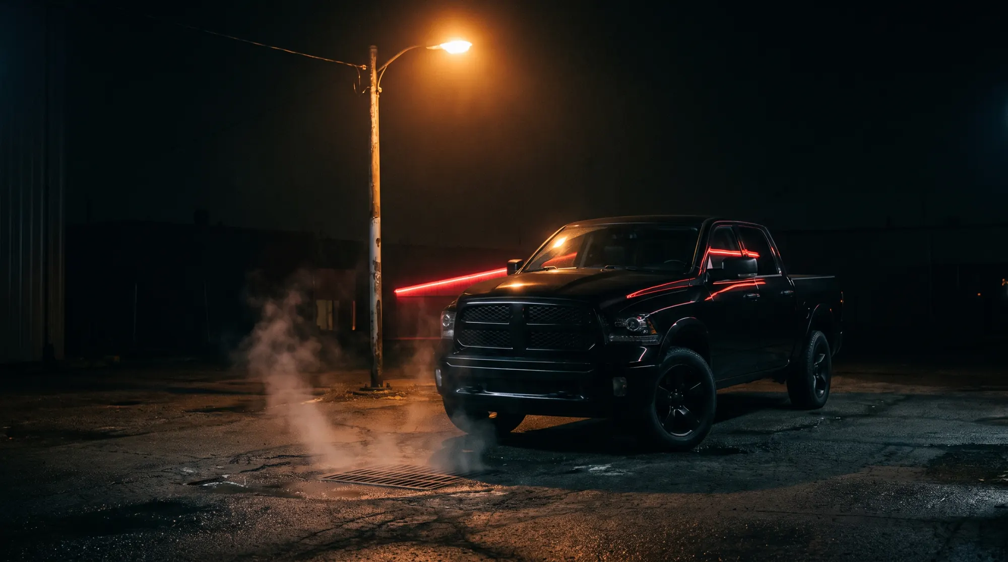 Black pickup truck in an industrial yard at night